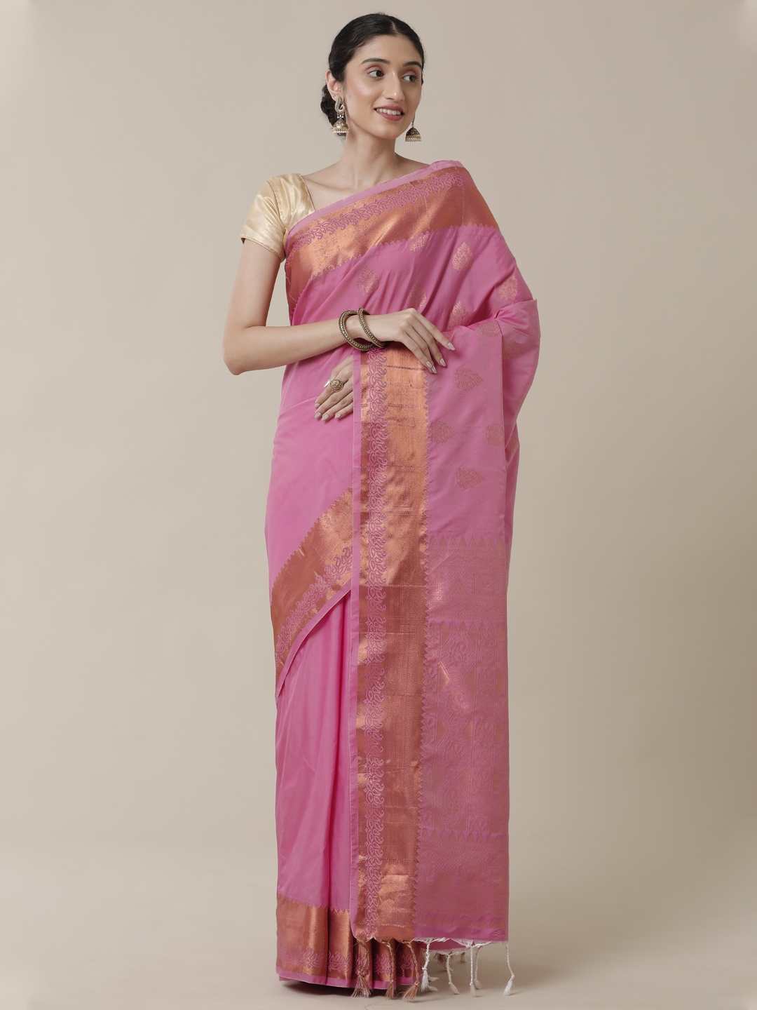 

SAMITTE Peach-Coloured & Copper-Toned Ethnic Motifs Zari Kanjeevaram Saree