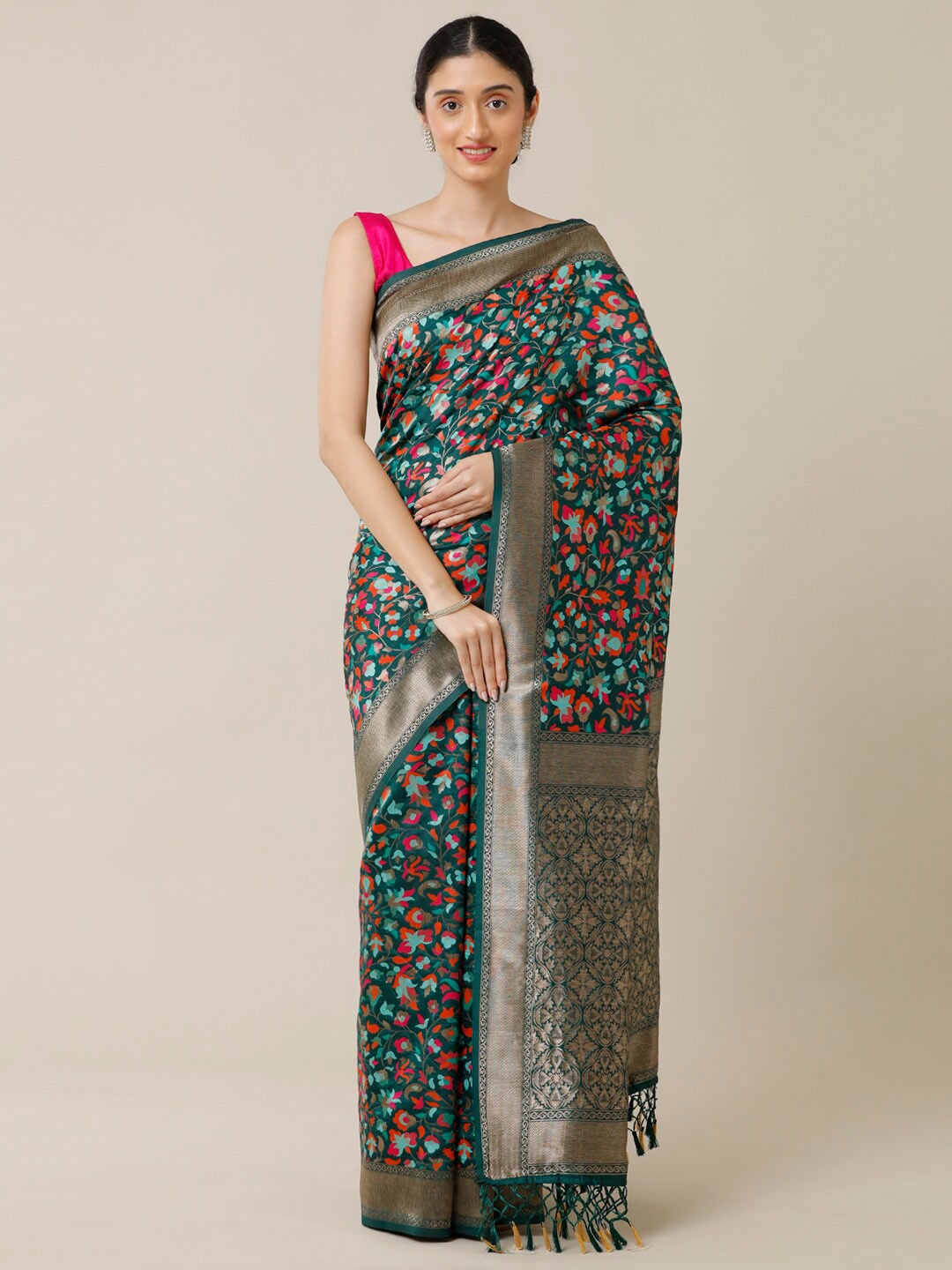 

SAMITTE Green & Blue Floral Floral Woven Design Zari Saree