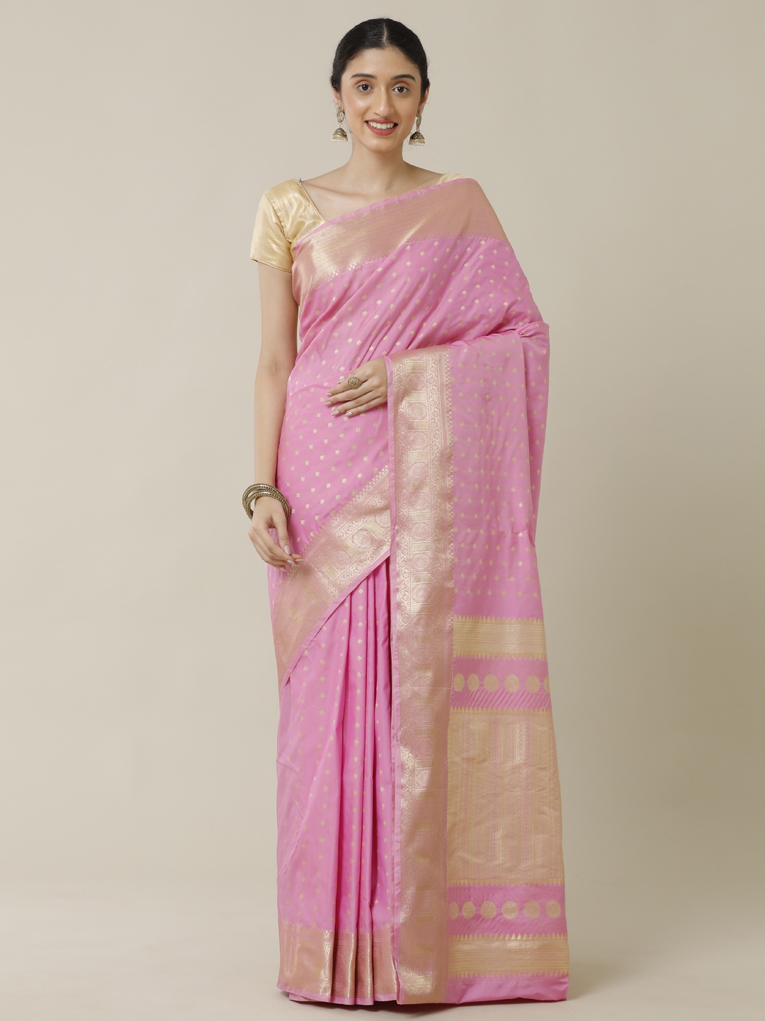 

SAMITTE Peach-Coloured & Gold-Toned Ethnic Motifs Zari Kanjeevaram Saree