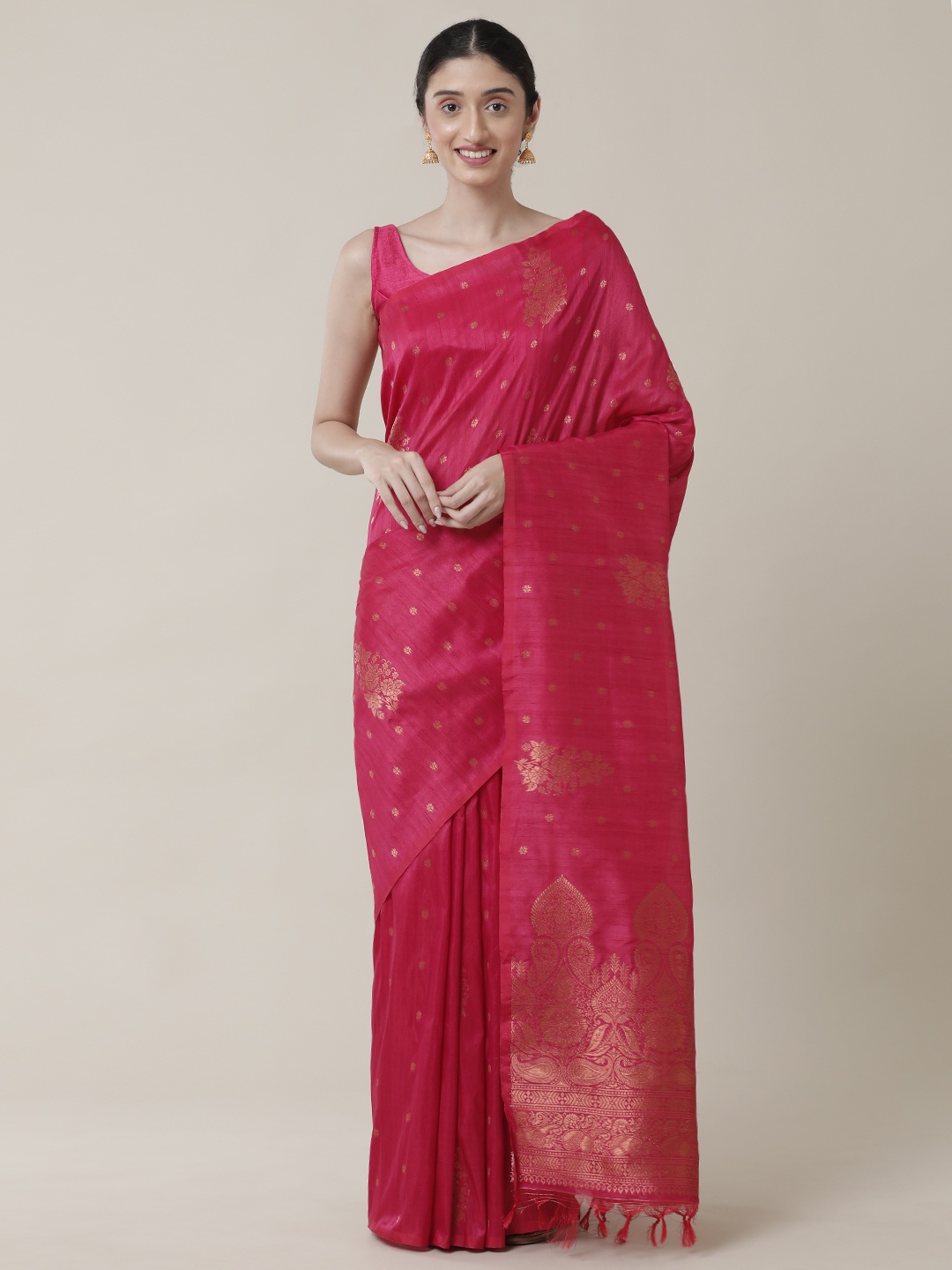 

SAMITTE Pink & Gold-Toned Ethnic Motifs Zari Jute Cotton Tussar Saree
