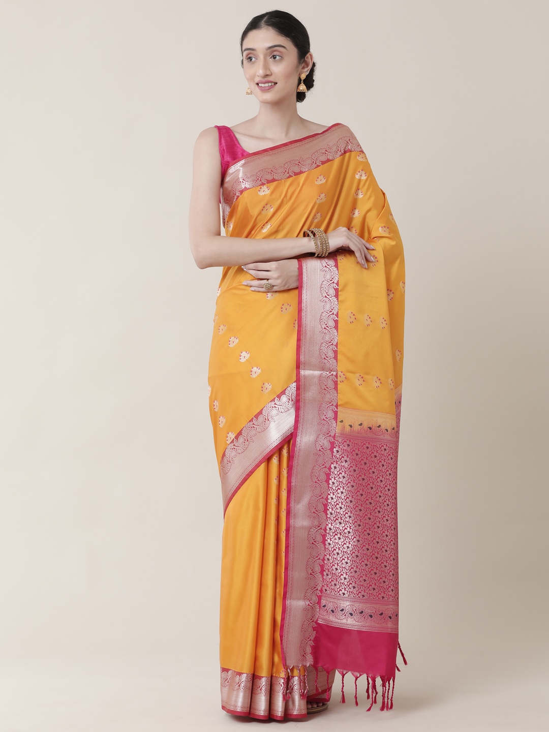 

SAMITTE Gold-Toned & Pink Ethnic Motifs Zari Uppada Saree