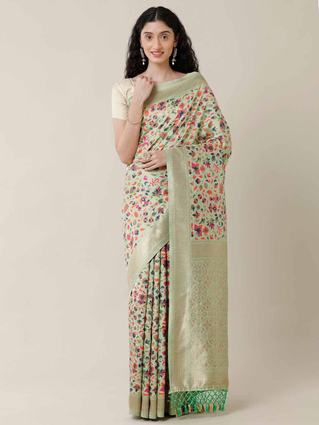 

SAMITTE Sea Green & Red Floral Zari Saree