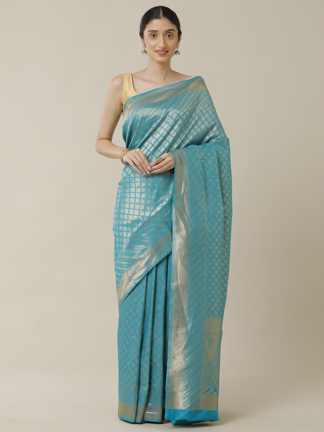 

SAMITTE Turquoise Blue & Silver-Toned Woven Design Zari Brocade Banarasi Saree