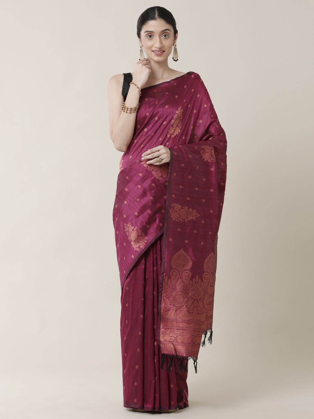 

SAMITTE Magenta & Copper-Toned Woven Design Zari Jute Cotton Tussar Saree