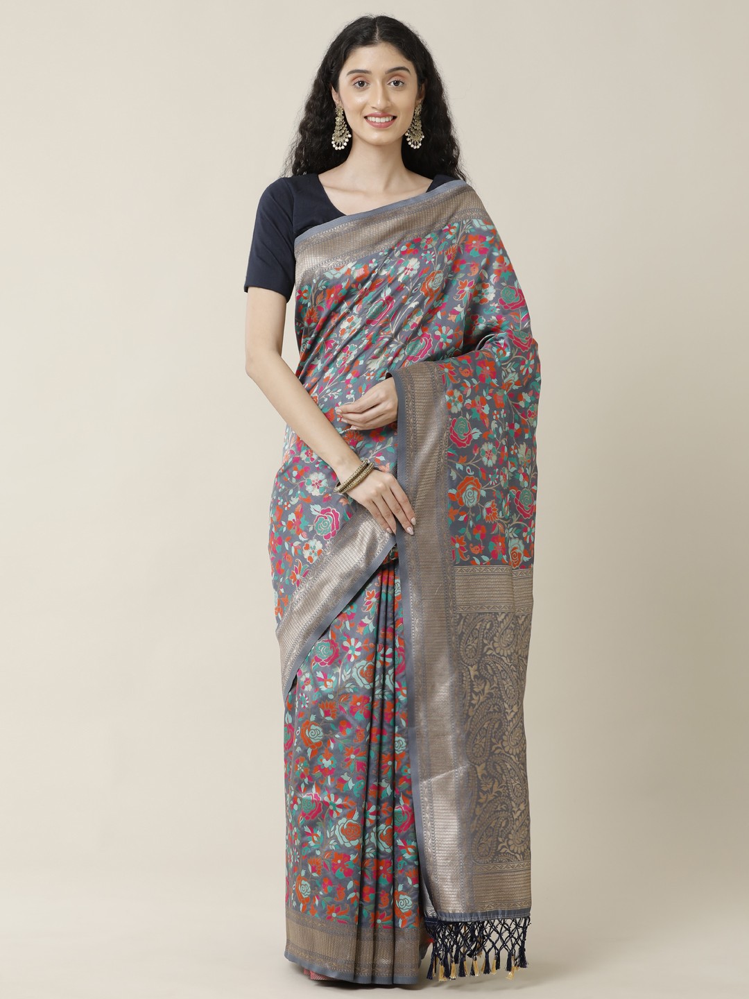 

SAMITTE Grey & Blue Woven Design Zari Saree