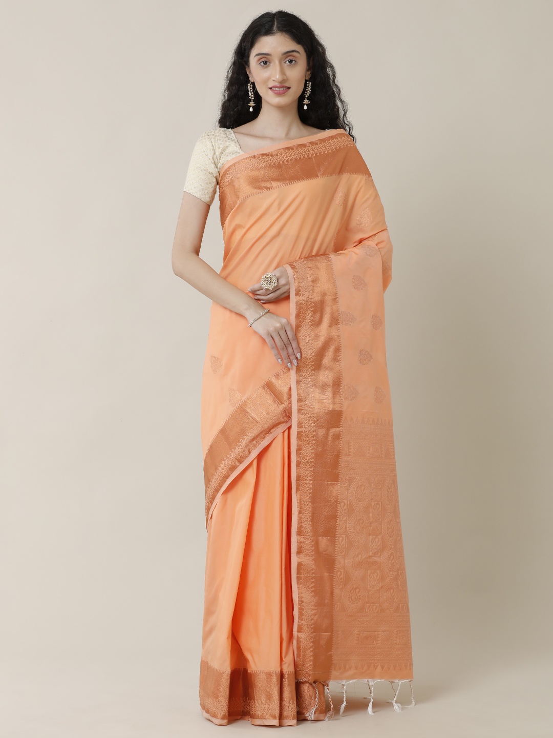 

SAMITTE Orange & Gold-Toned Woven Design Zari Silk Blend Kanjeevaram Saree