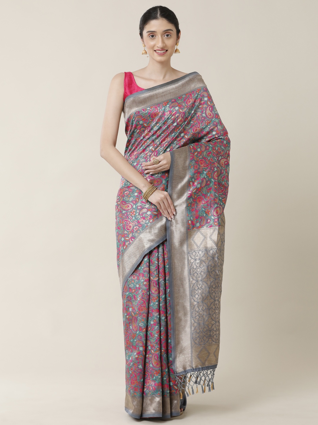 

SAMITTE Grey & Pink Woven Design Zari Saree