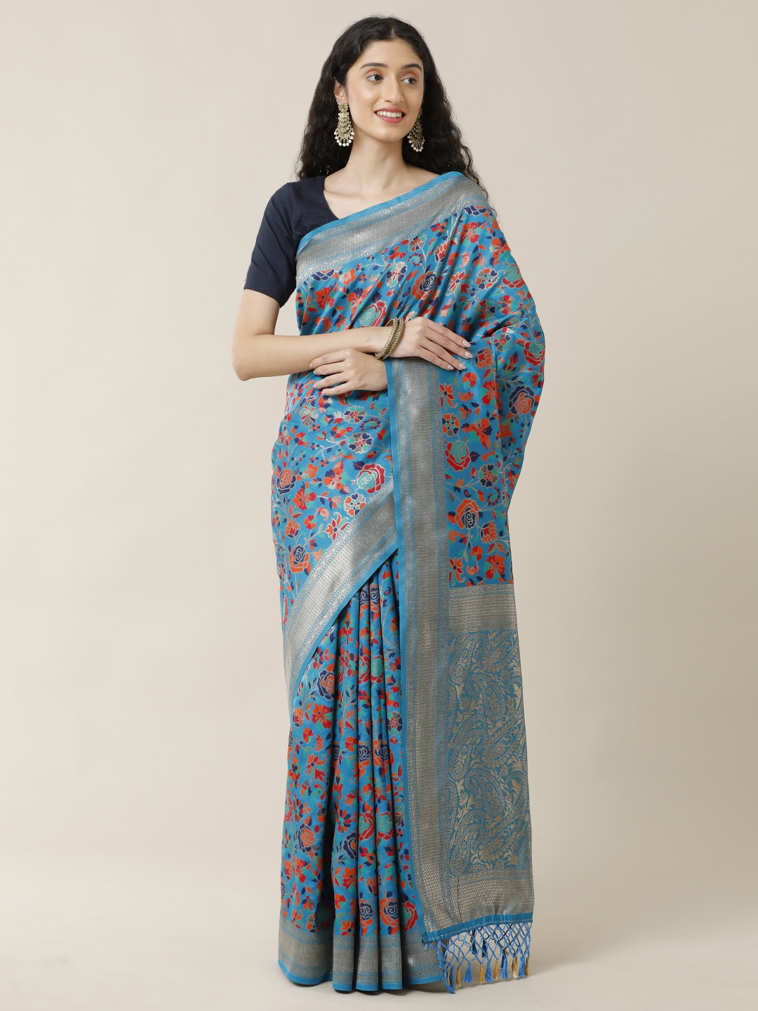 

SAMITTE Blue & Red Woven Design Zari Saree
