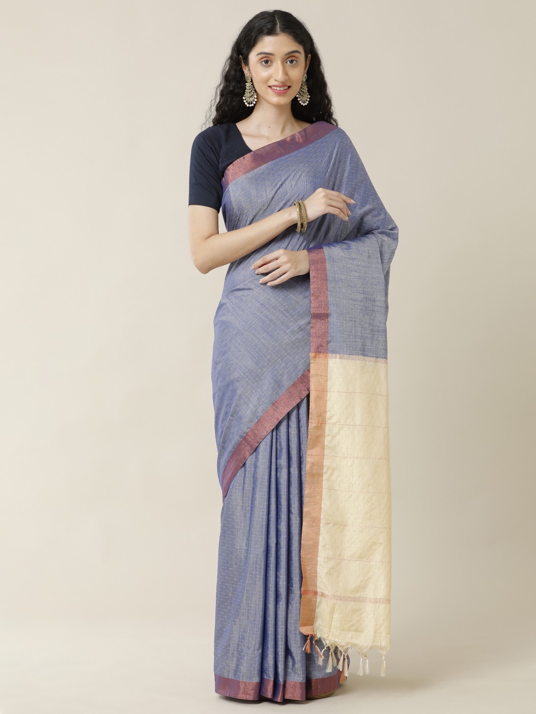 

SAMITTE Lavender & Cream-Coloured Woven Design Zari Maheshwari Saree
