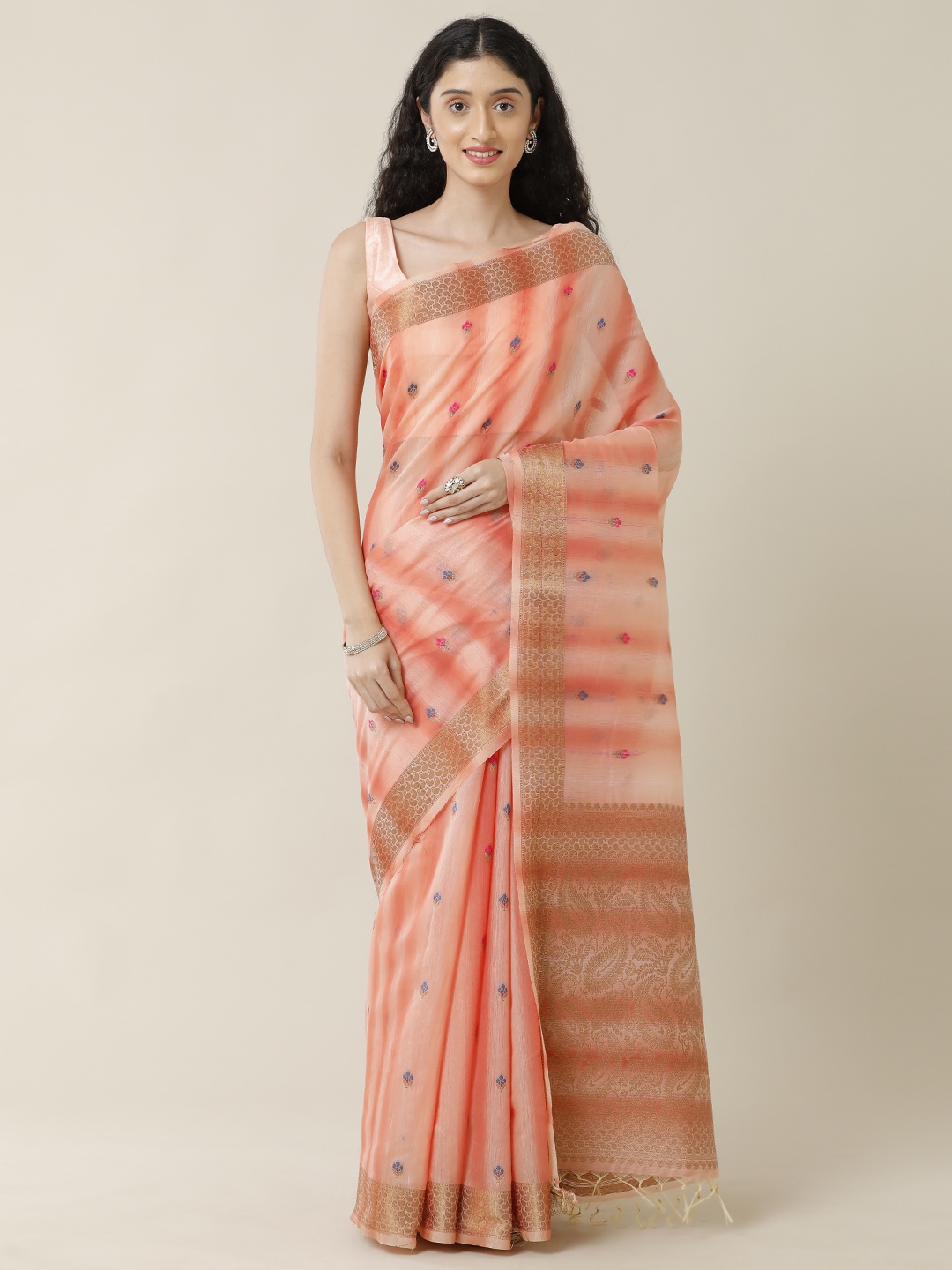 

SAMITTE Peach-Coloured & Red Woven Design Zari Bhagalpuri Saree