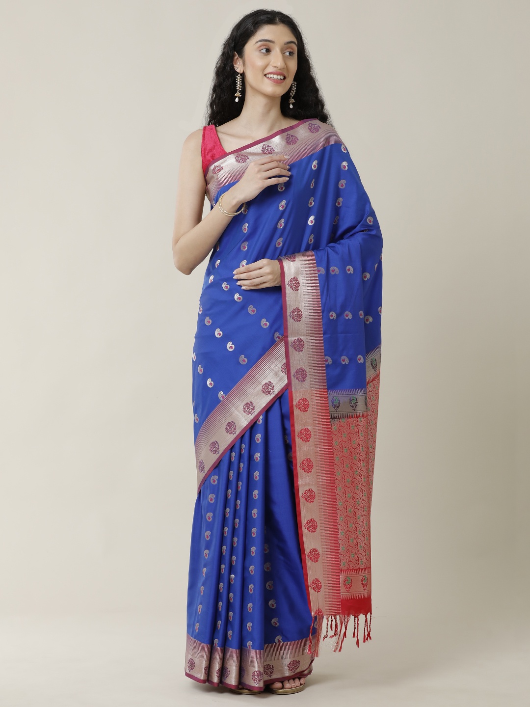 

SAMITTE Blue & Red Woven Design Zari Silk Blend Uppada Saree