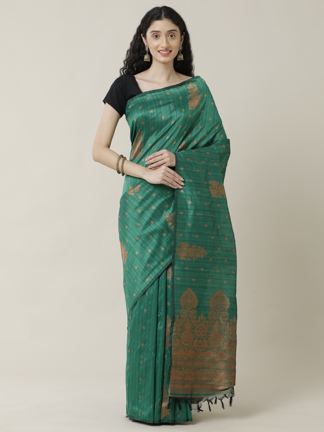 

SAMITTE Green & Gold-Toned Woven Design Zari Jute Cotton Tussar Saree