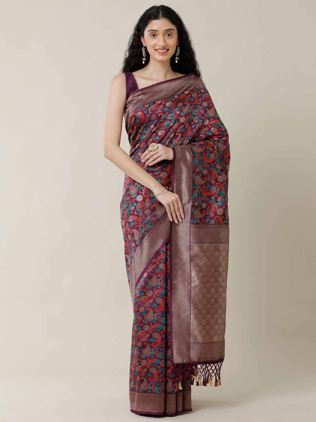 

SAMITTE Magenta & Red Woven Design Zari Saree