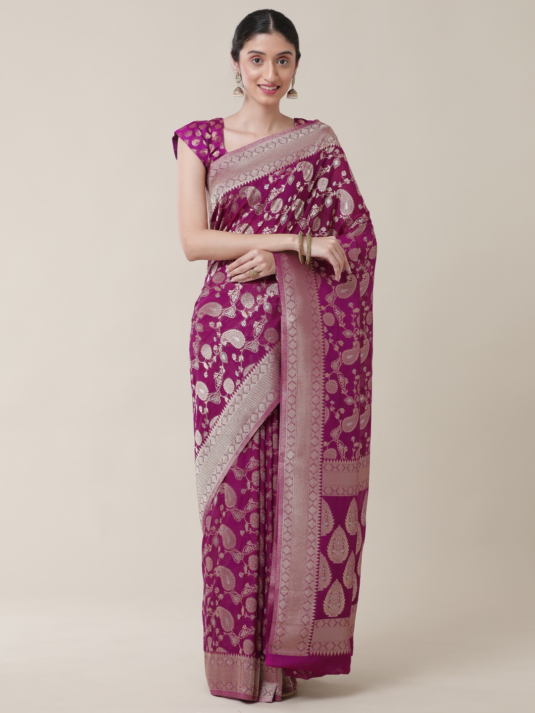 

SAMITTE Magenta & Gold-Toned Woven Design Zari Satin Banarasi Saree
