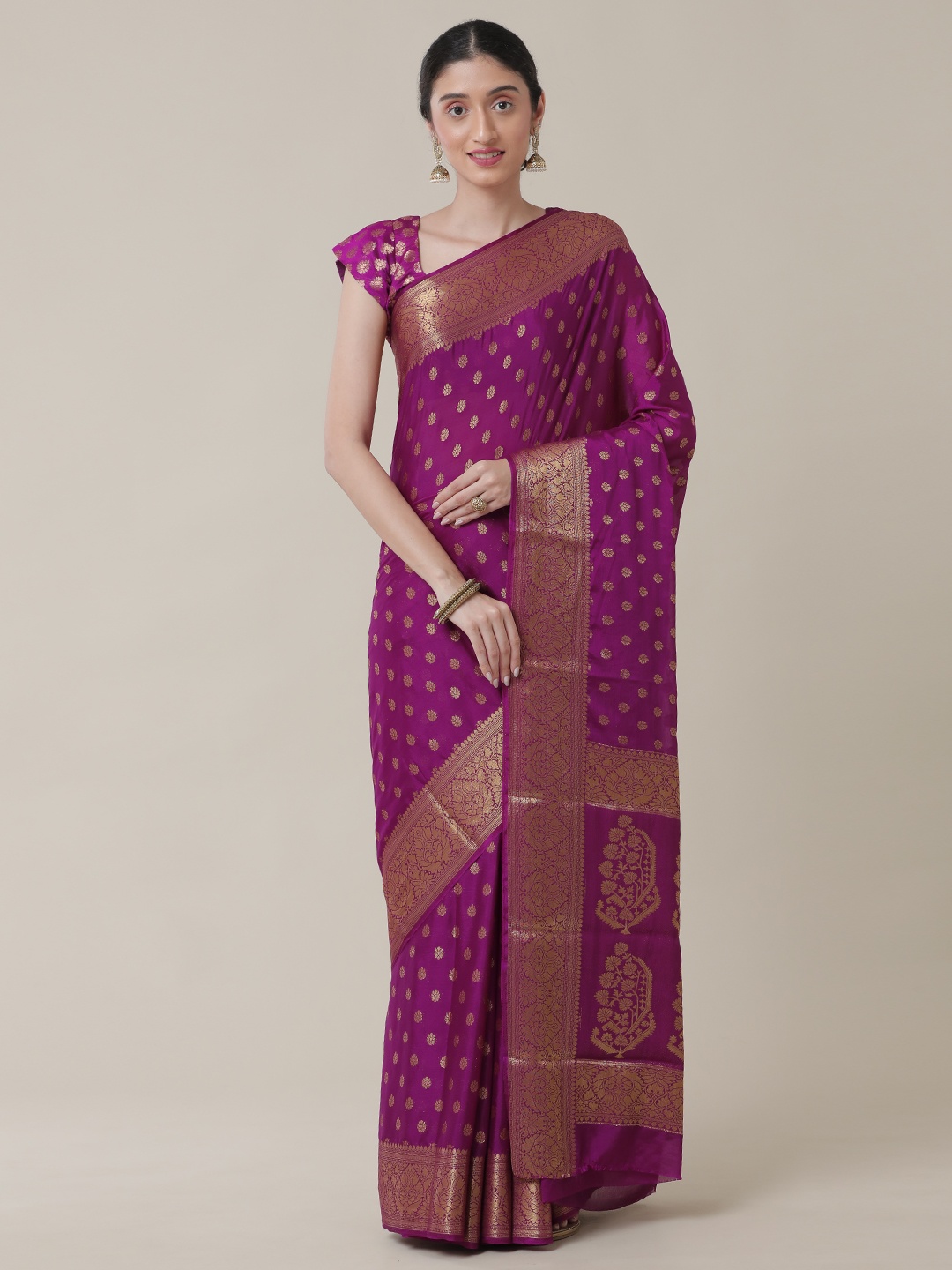 

SAMITTE Magenta & Gold-Toned Ethnic Motifs Zari Brocade Banarasi Saree