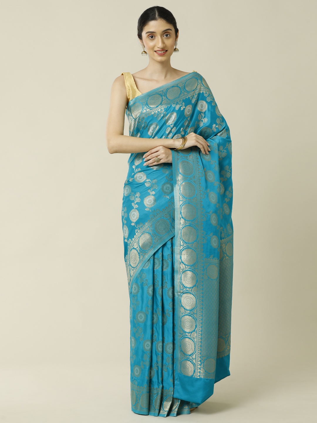 

SAMITTE Blue & Gold-Toned Floral Zari Satin Banarasi Saree