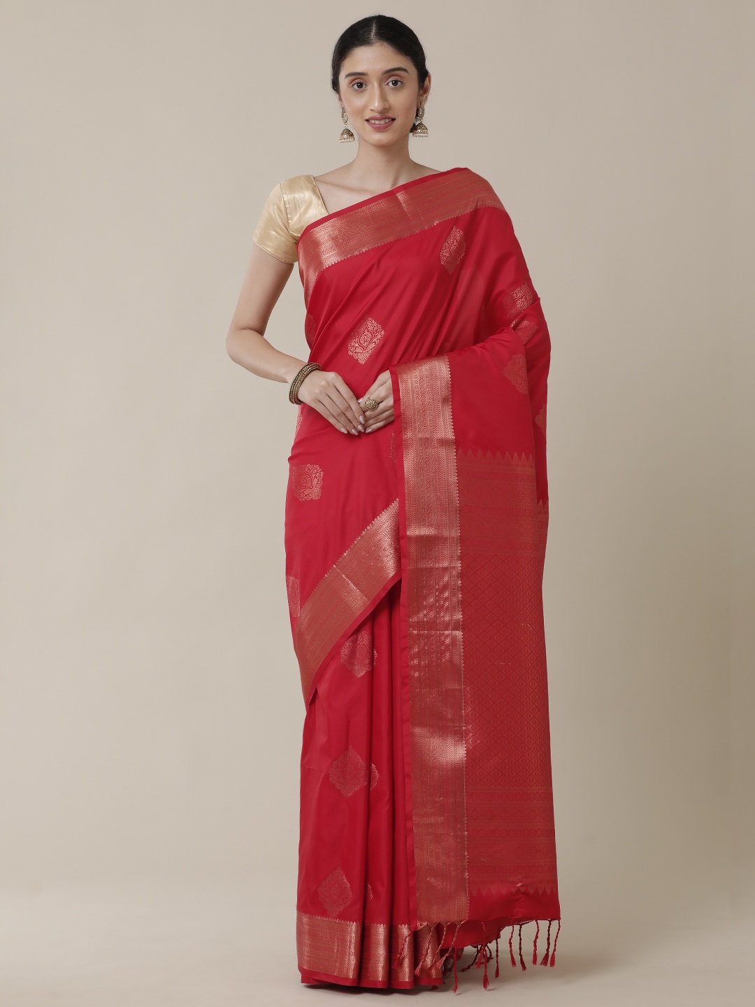 

SAMITTE Red & Gold-Toned Woven Design Zari Silk Blend Kanjeevaram Saree