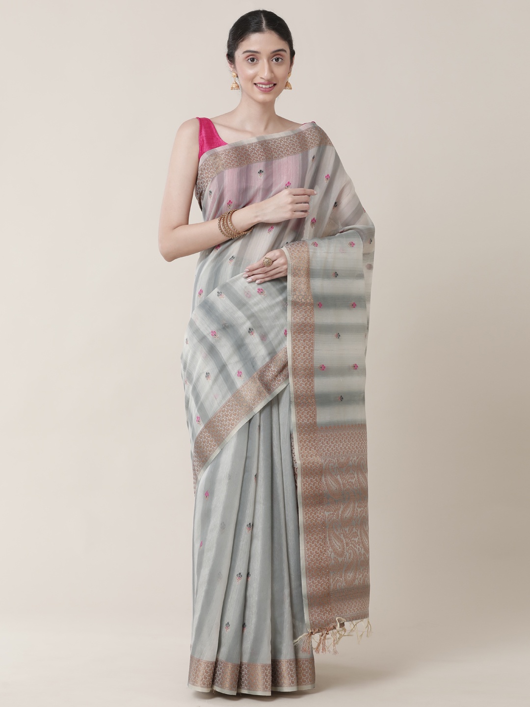 

SAMITTE Grey & Pink Floral Zari Bhagalpuri Saree