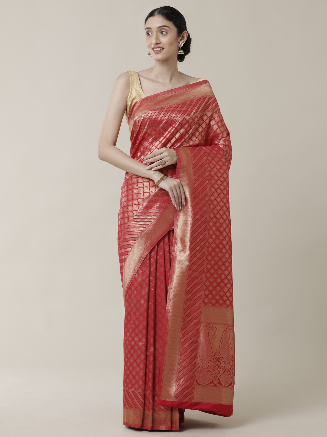 

SAMITTE Red & Gold-Toned Zari Brocade Banarasi Saree