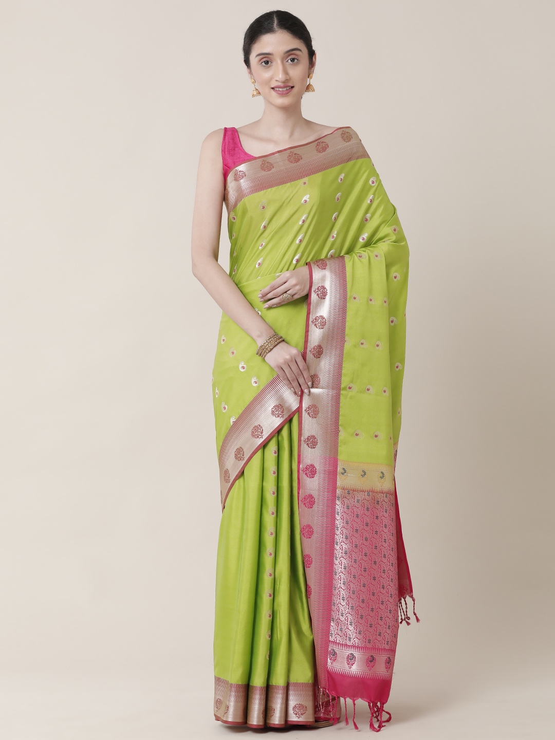 

SAMITTE Olive Green & Pink Ethnic Motifs Zari Silk Blend Uppada Saree