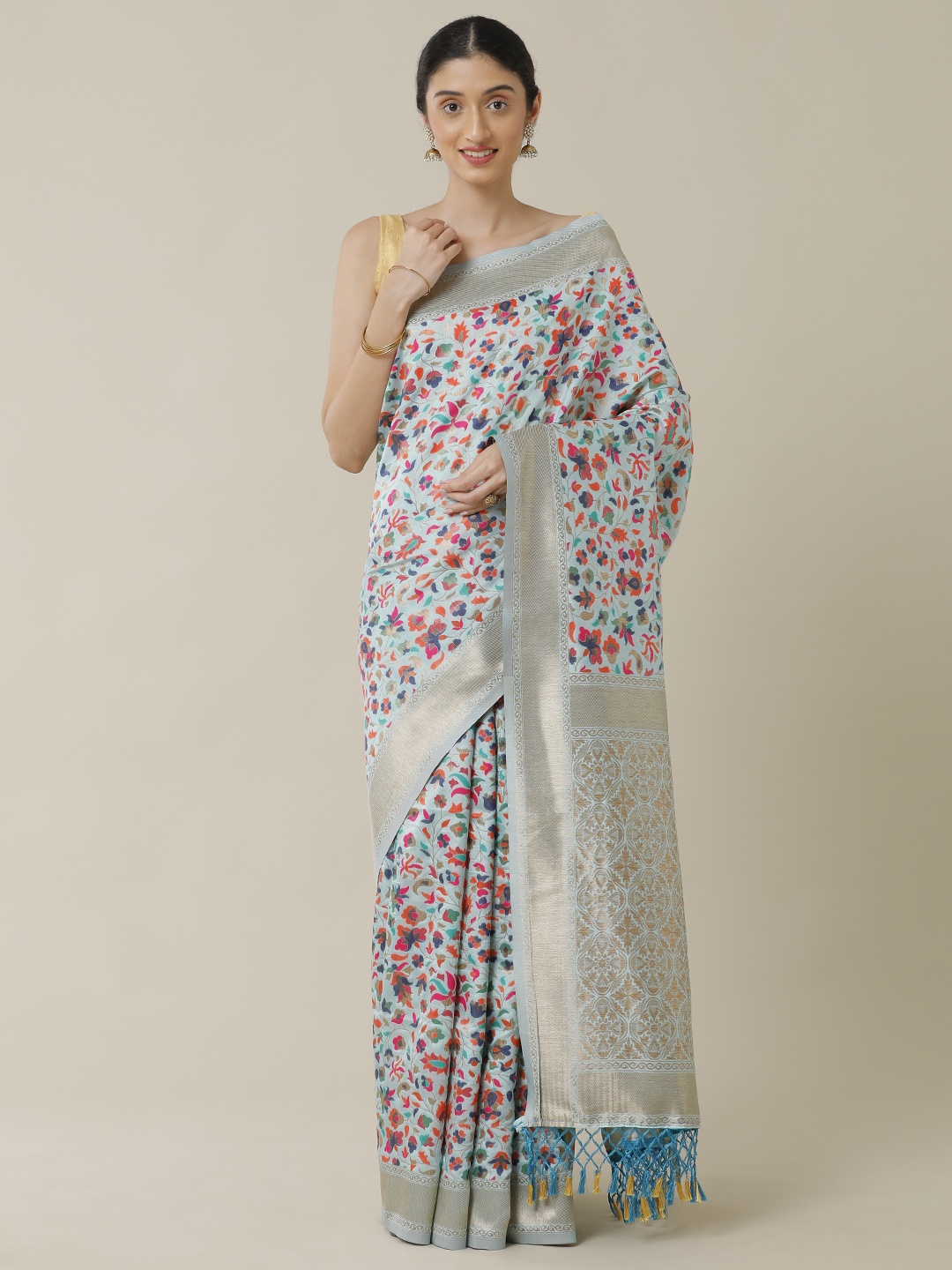

SAMITTE Teal & Blue Floral Zari Saree