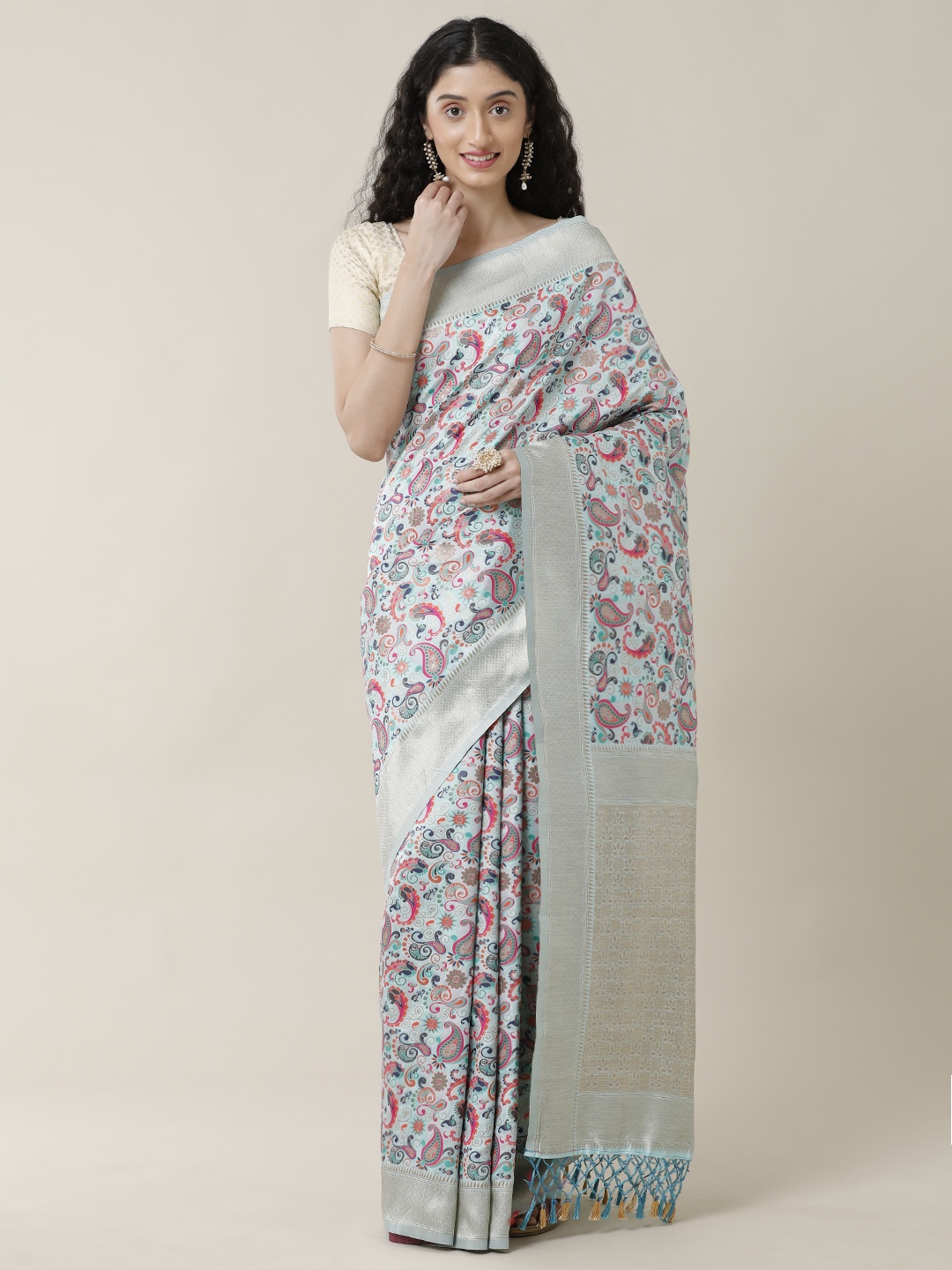

SAMITTE Teal & Pink Paisley Zari Saree