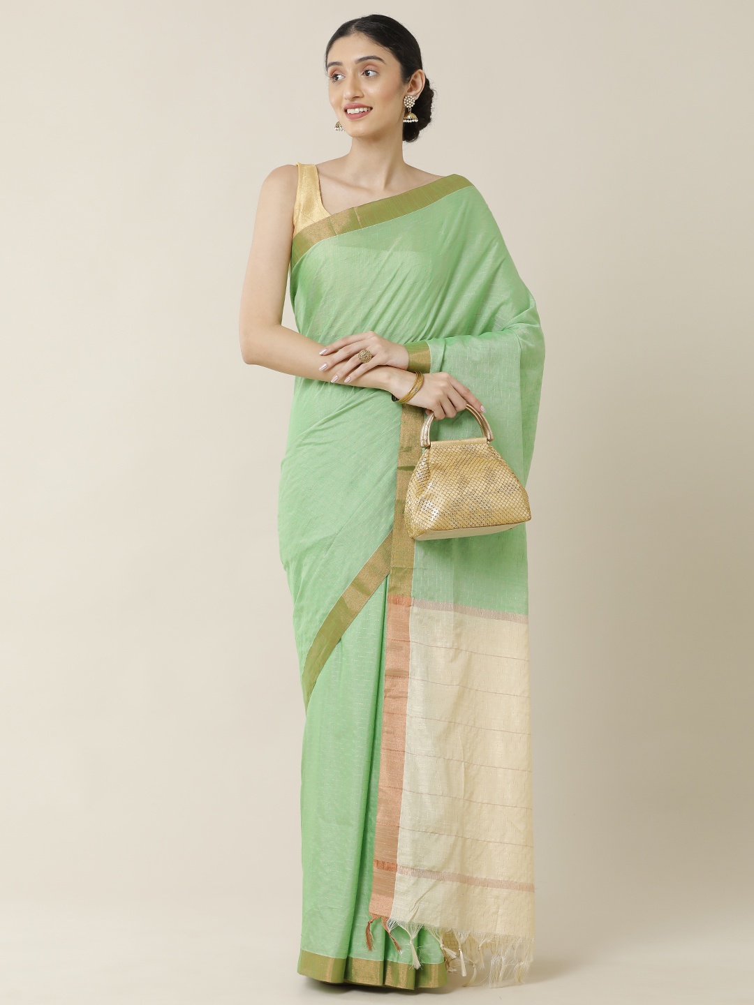 

SAMITTE Sea Green & Cream-Coloured Striped Zari Maheshwari Saree