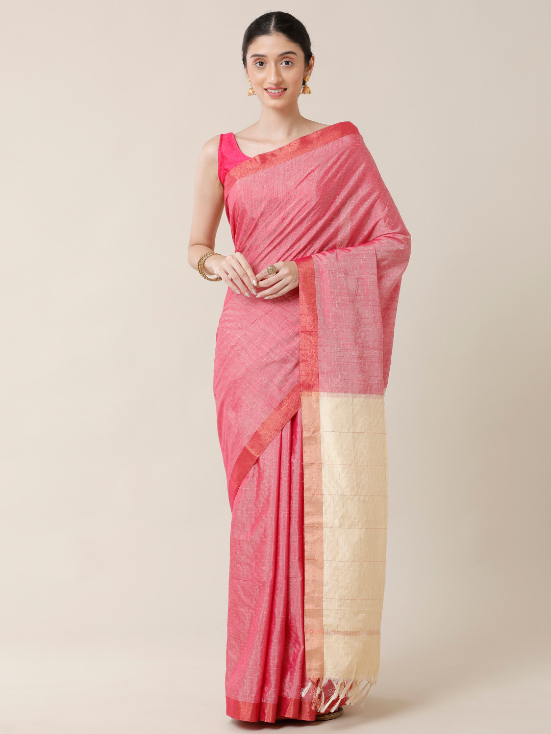

SAMITTE Pink & Cream-Coloured Woven Design Zari Maheshwari Saree
