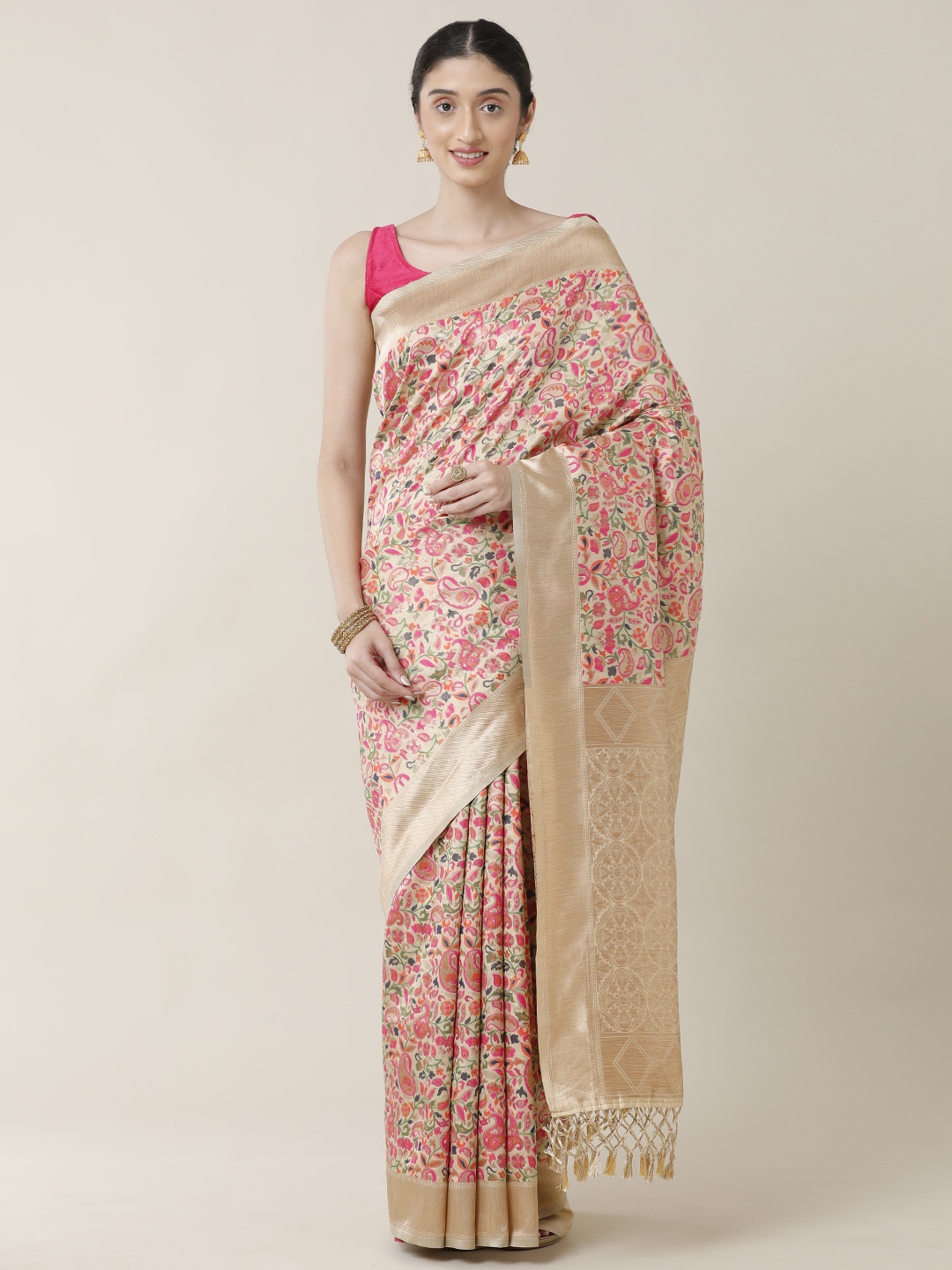 

SAMITTE Khaki & Pink Paisley Zari Saree