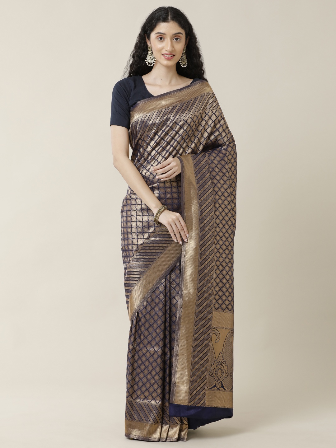 

SAMITTE Navy Blue & Gold-Toned Zari Brocade Banarasi Saree