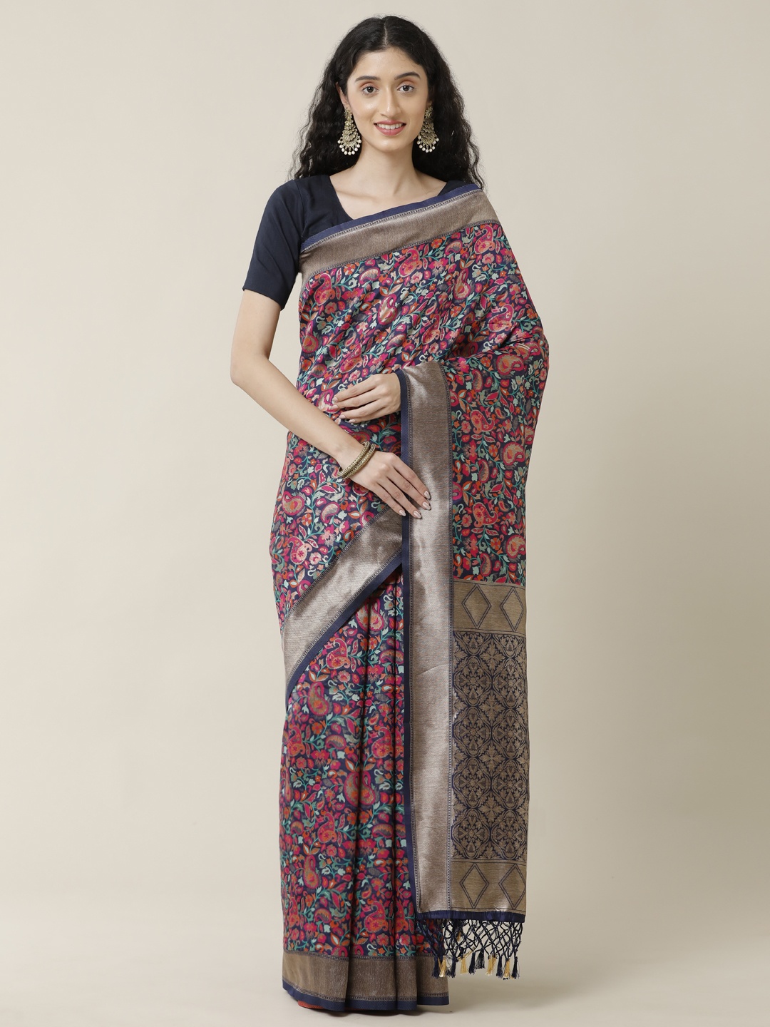 

SAMITTE Navy Blue & Gold-Toned Paisley Zari Saree