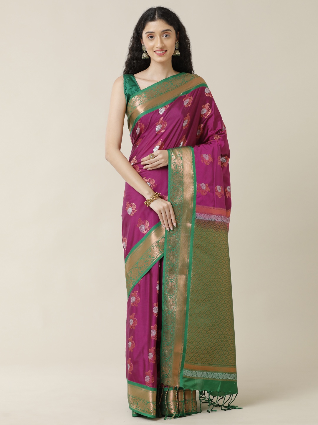 

SAMITTE Magenta & Green Ethnic Motifs Zari Silk Blend Saree