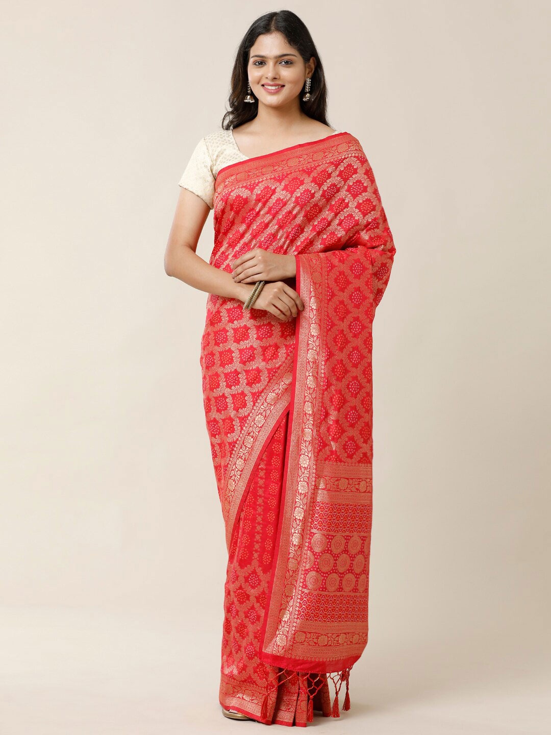 

SAMITTE Red & Gold-Toned Woven Design Zari Saree