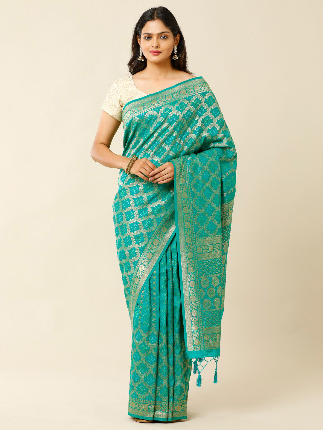 

SAMITTE Sea Green & Gold-Toned Woven Design Zari Saree