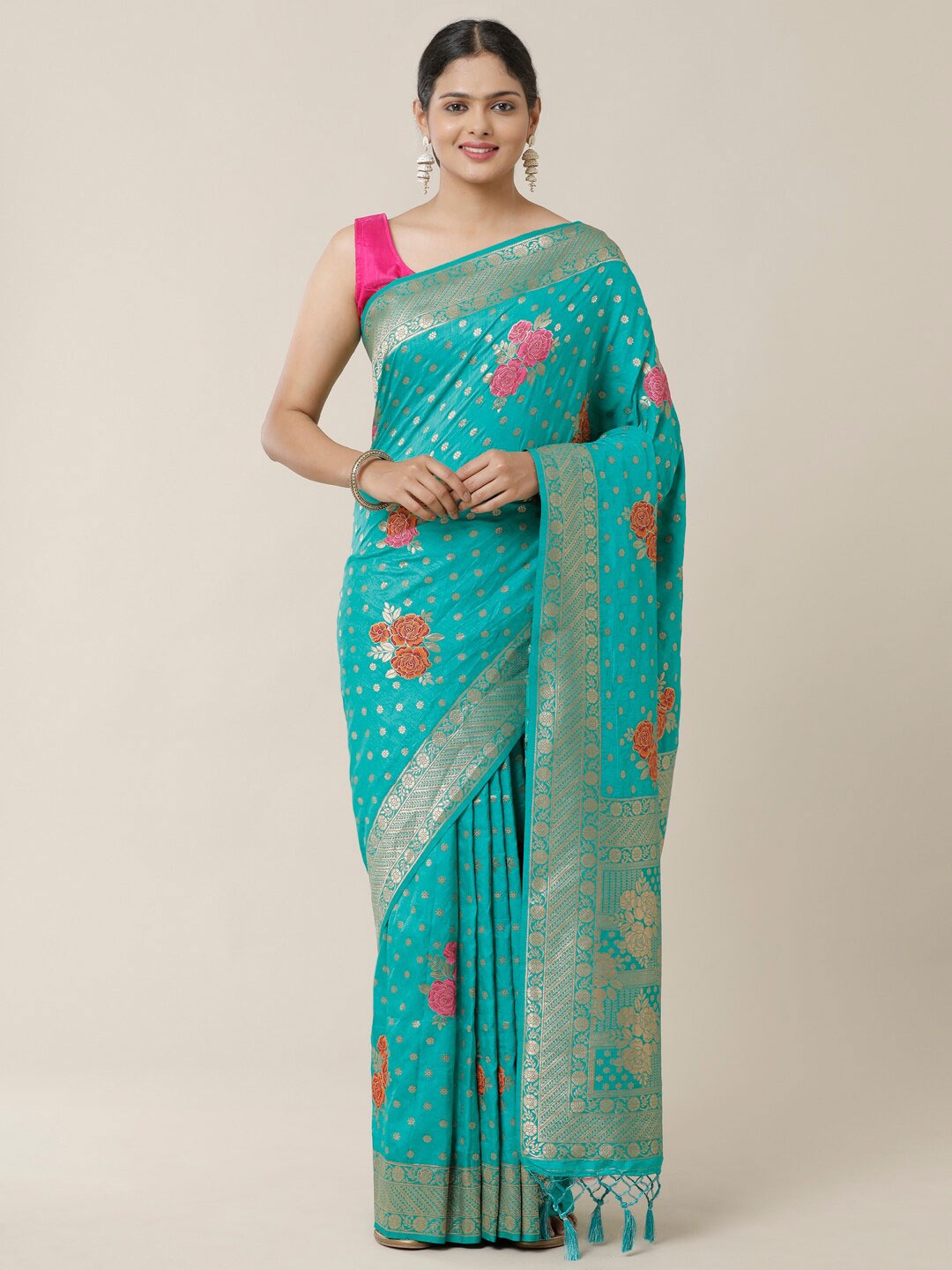 

SAMITTE Sea Green & Red Woven Design Zari Saree