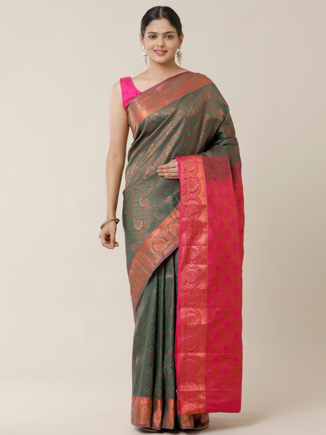 

SAMITTE Green & Red Woven Design Zari Silk Blend Dharmavaram Saree