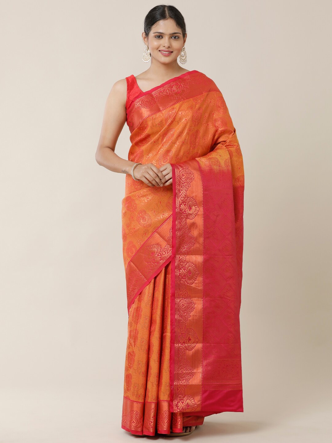 

SAMITTE Mustard & Red Woven Design Zari Silk Blend Saree