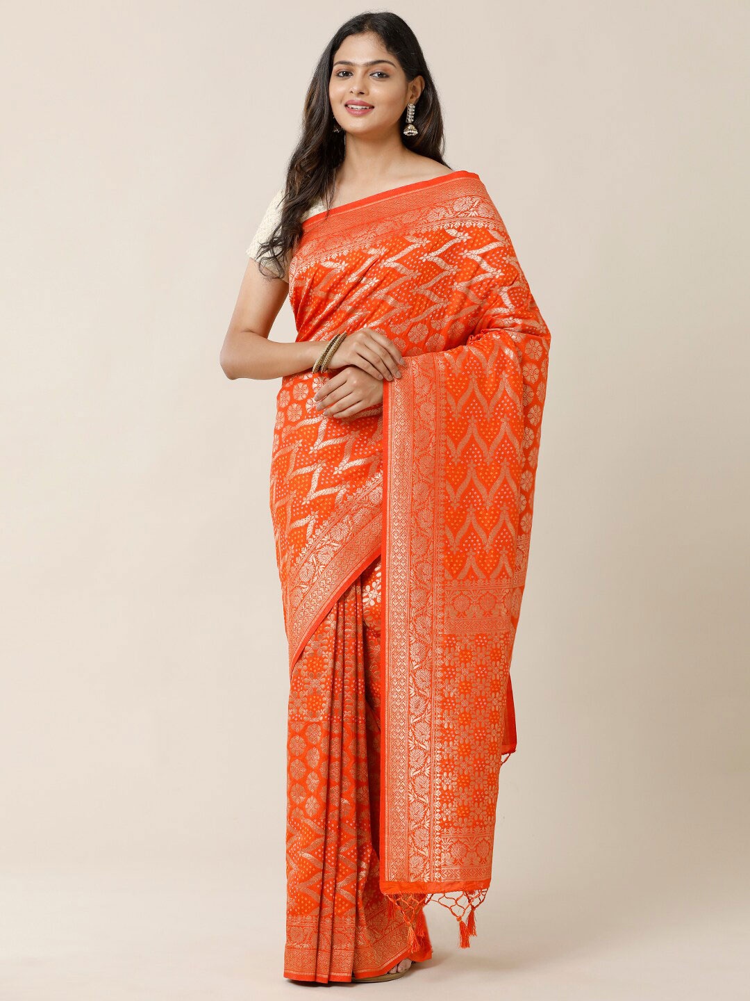 

SAMITTE Orange & Gold-Toned Woven Design Zari Saree
