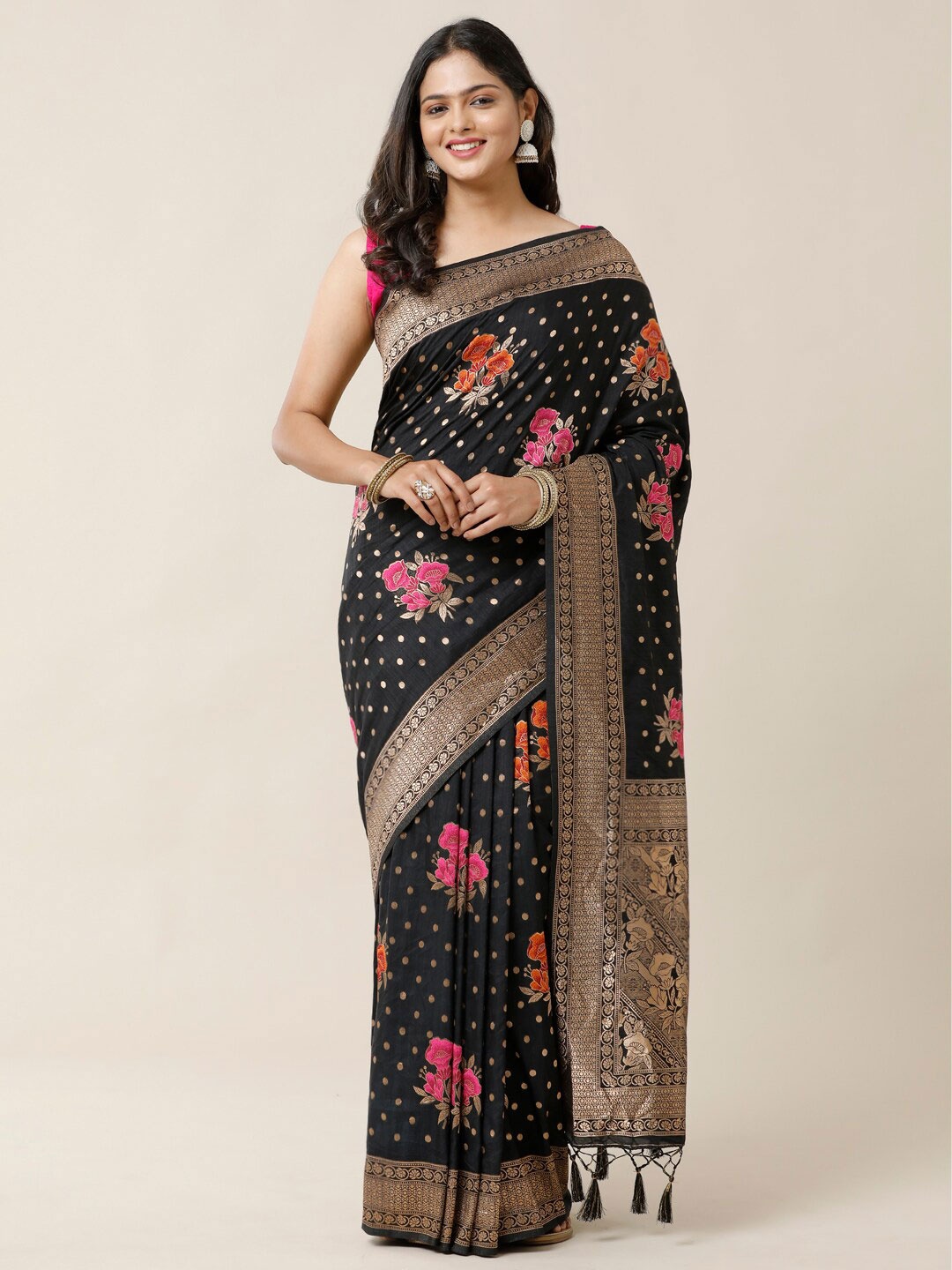 

SAMITTE Black & Pink Floral Zari Banarasi Saree