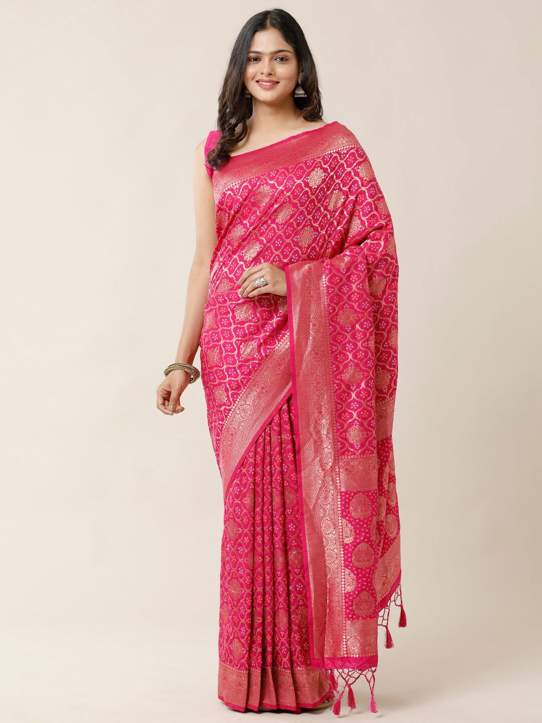 

SAMITTE Pink & Gold-Toned Zari Bandhani Saree