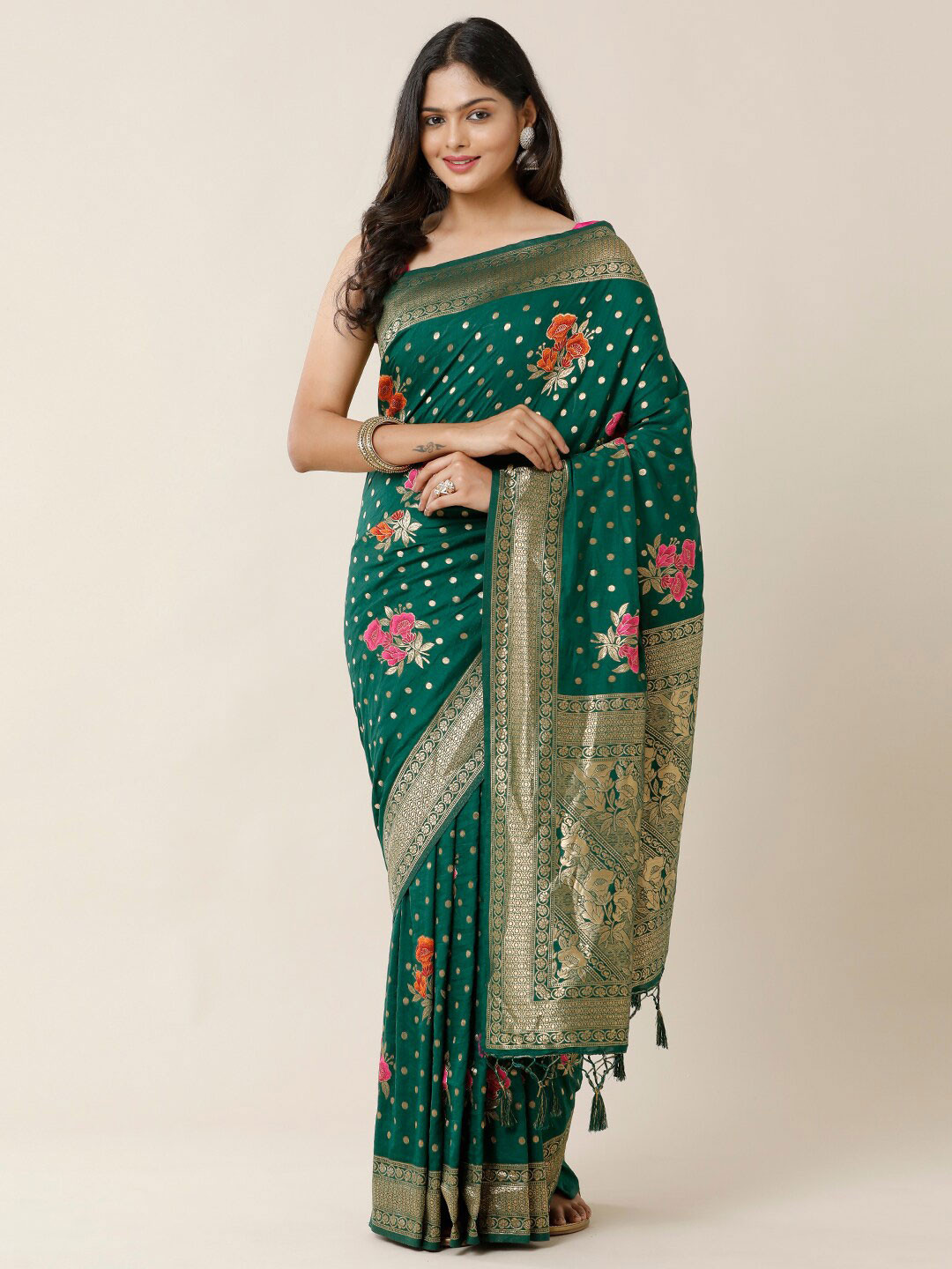 

SAMITTE Green & Red Floral Zari Banarasi Saree