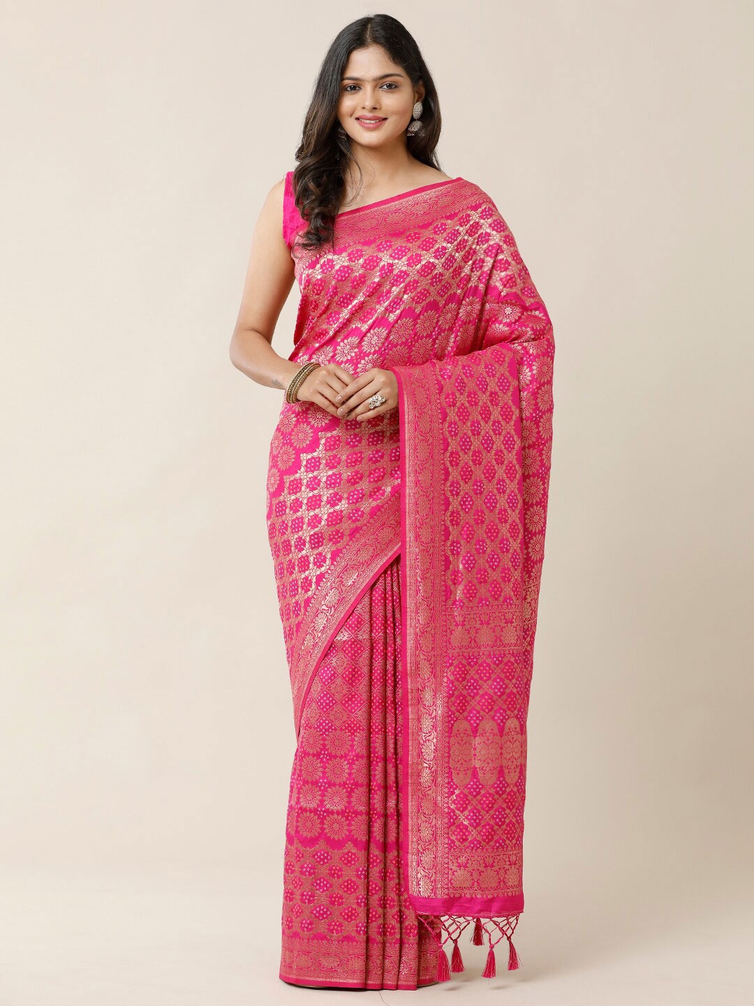 

SAMITTE Pink & Gold-Toned Ethnic Motifs Zari Bandhani Saree