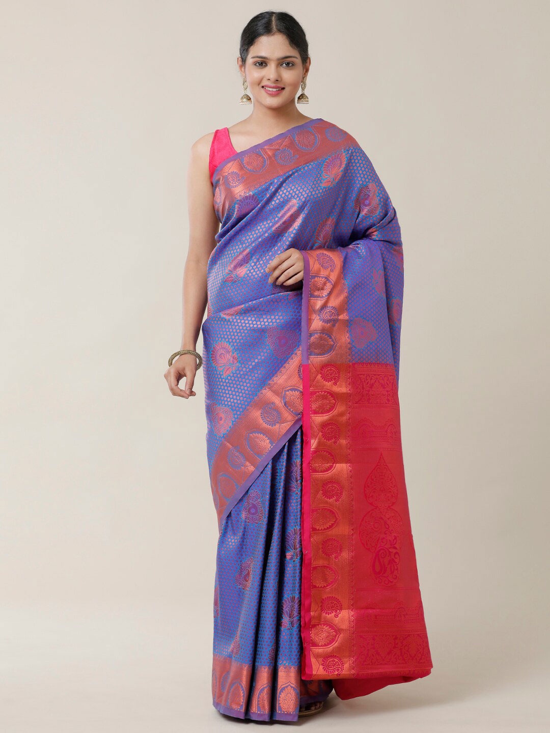 

SAMITTE Blue & Red Ethnic Motifs Zari Dharmavaram Saree