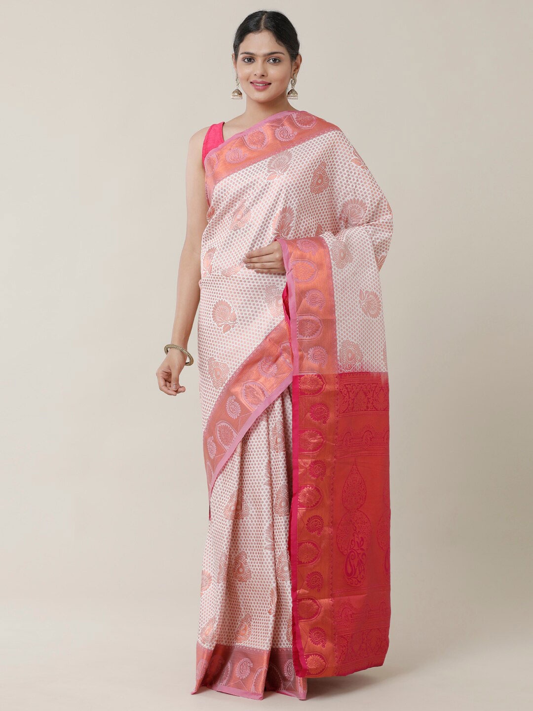 

SAMITTE Off White & Red Ethnic Motifs Zari Dharmavaram Saree