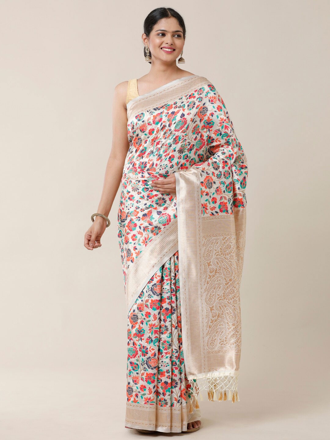 

SAMITTE Cream-Coloured & Red Floral Zari Saree