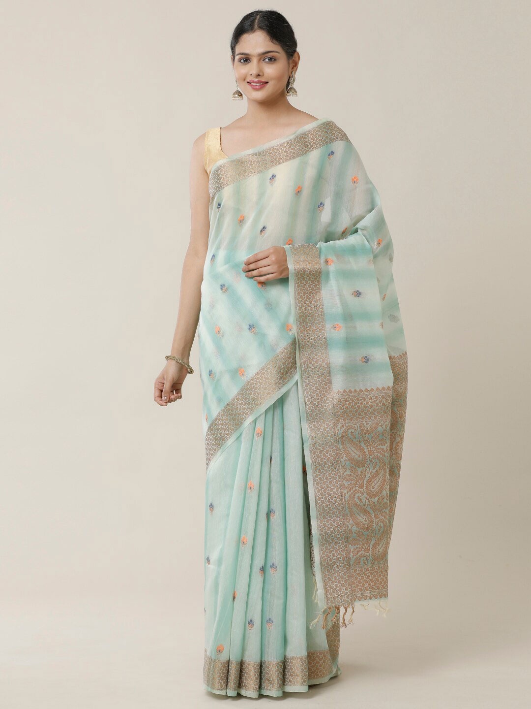 

SAMITTE Sea Green & Gold-Toned Ethnic Motifs Zari Bhagalpuri Saree