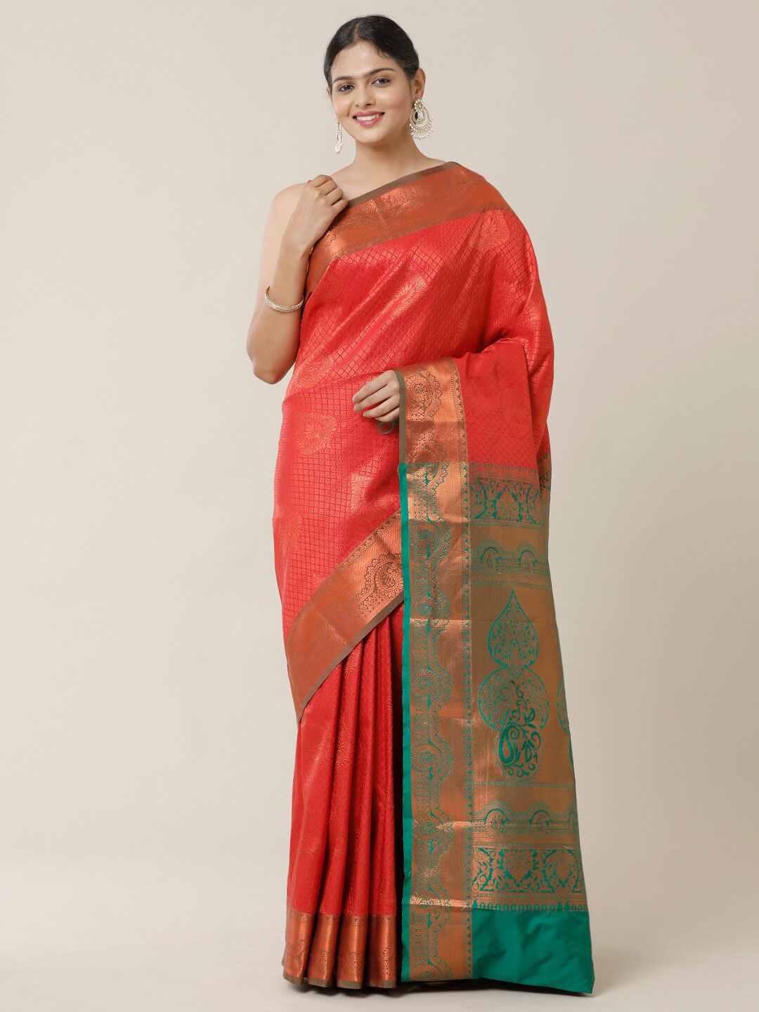 

SAMITTE Red & Green Ethnic Motifs Zari Dharmavaram Saree