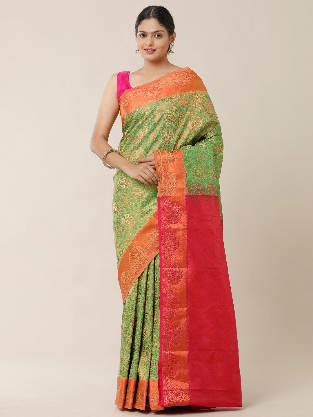 

SAMITTE Green & Red Woven Design Zari Silk Blend Dharmavaram Saree