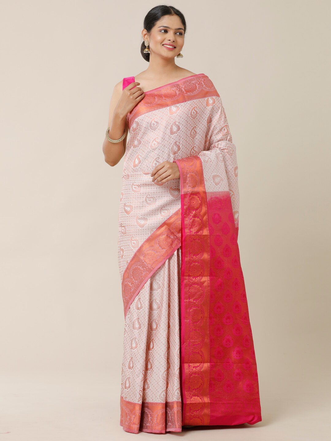 

SAMITTE Off White & Red Woven Design Zari Silk Blend Dharmavaram Saree