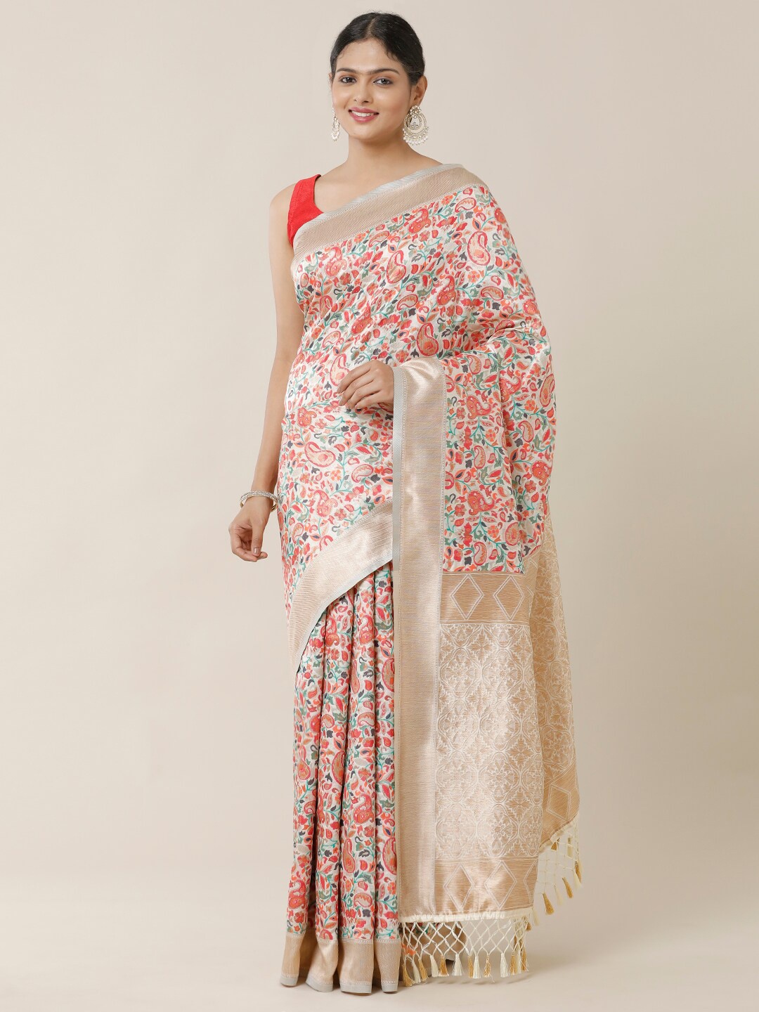 

SAMITTE Cream-Coloured & Red Woven Design Zari Saree